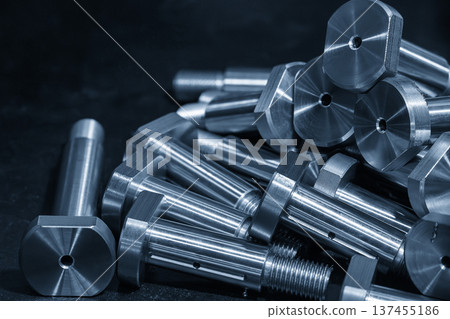 Group of high-tensile threaded stud bolts for industrial structural assembly and heavy-duty mechanical connections. Group of high-tensile threaded stud bolts for industrial structural assembly and heavy-duty mechanical connections. 137455186
