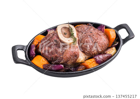 Hearty ossobuco slow cooked to perfection, showcasing succulent osso buco shank meat and aromatic herbs in a comforting stew. isolated on white background. top view Hearty ossobuco slow cooked to perfection, showcasing succulent osso buco shank meat and aromatic herbs in a comforting stew. isolated on white background. top view 137455217