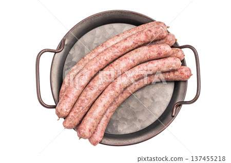 Fresh raw sausage links ready for grilling, perfect for barbecues or hearty family meals.. isolated on white background. top view Fresh raw sausage links ready for grilling, perfect for barbecues or hearty family meals.. isolated on white background. top view 137455218