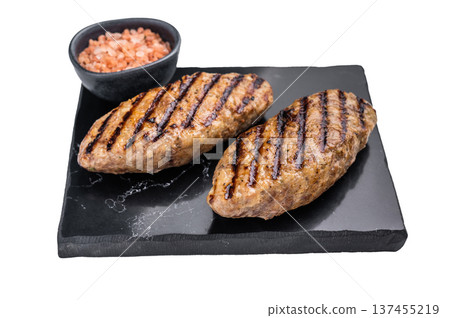 Grilled lula kebabs, perfect for an authentic Middle Eastern feast. isolated on white background. top view 137455219