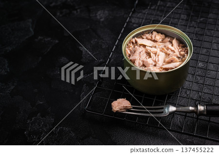 Convenient tinned tuna fillet, perfect for quick meals and packed with protein for a healthy lifestyle. black background. top view Convenient tinned tuna fillet, perfect for quick meals and packed with protein for a healthy lifestyle. black background. top view 137455222