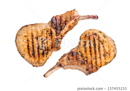 Juicy grilled pork Tomahawk chop, perfectly seared and bursting with flavor, ideal for a hearty feast. isolated on white background. top view Juicy grilled pork Tomahawk chop, perfectly seared and bursting with flavor, ideal for a hearty feast. isolated on white background. top view 137455231
