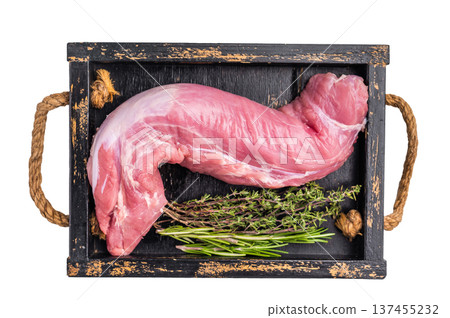 Raw pork tender cut, tenderloin featuring a smooth texture, perfect for creating gourmet dishes at home. isolated on white background. top view Raw pork tender cut, tenderloin featuring a smooth texture, perfect for creating gourmet dishes at home. isolated on white background. top view 137455232