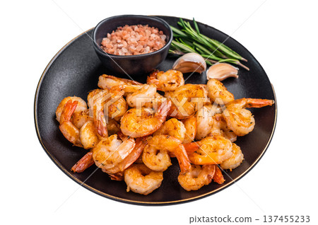 Appetizing grilled shrimp prawns served on a platter, perfect for elegant dinners or casual gatherings with friends. isolated on white background. top view Appetizing grilled shrimp prawns served on a platter, perfect for elegant dinners or casual gatherings with friends. isolated on white background. top view 137455233