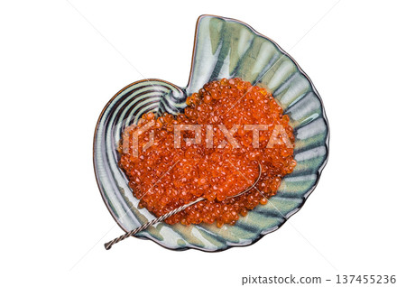 Beautifully presented red roe, a delicacy that enhances every meal with its unique taste and texture. isolated on white background. top view 137455236