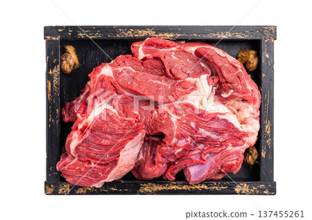 Tender raw beef neck meat, a versatile ingredient for delicious soups and comforting family dinners. isolated on white background. top view Tender raw beef neck meat, a versatile ingredient for delicious soups and comforting family dinners. isolated on white background. top view 137455261