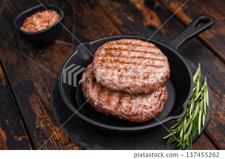 Deliciously charred grilled meat burger patty on the grill, perfect for satisfying cravings at any cookout. wooden background. top view 137455262