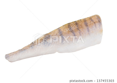Raw pike perch fillets isolated on white background, one skin on and one skinless, fresh zander seafood ready for cooking. 137455303