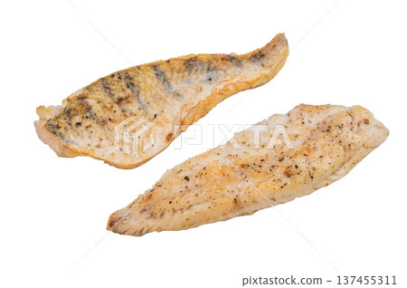 Pan fried pike perch fillet isolated on white background, crispy skin and tender white fish meat. 137455311