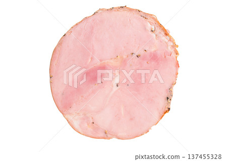 Thin sliced Italian spalla displayed on a clean white background showing its delicate marbling and texture ideal for food stock use. Thin sliced Italian spalla displayed on a clean white background showing its delicate marbling and texture ideal for food stock use. 137455328