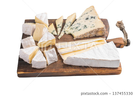 Assortment of Brie Camembert and Roquefort arranged on a rustic wooden board against a bright minimal background for a gourmet look. Assortment of Brie Camembert and Roquefort arranged on a rustic wooden board against a bright minimal background for a gourmet look. 137455330