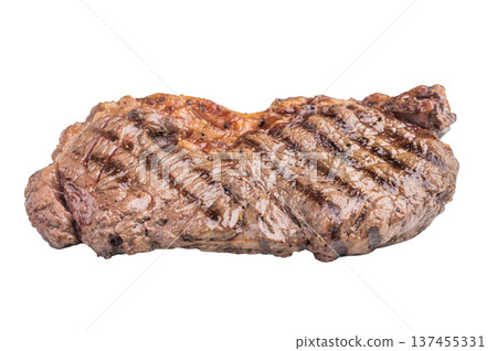 Seared grilled dry aged New York strip steak on bright white background highlighting juicy texture perfect for food photography grill and steakhouse themes 137455331