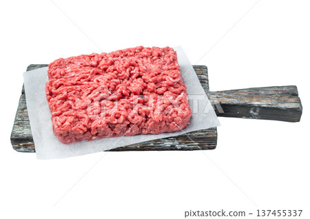 Detailed raw forcemeat on rustic board with parchment on bright surface ideal for culinary protein, nutrition and ingredient stock use. Detailed raw forcemeat on rustic board with parchment on bright surface ideal for culinary protein, nutrition and ingredient stock use. 137455337