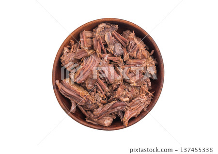 Flavorful cooked moose deer meat in a rustic bowl over a minimal background, emphasizing hearty shredded texture and authentic wildness. 137455338