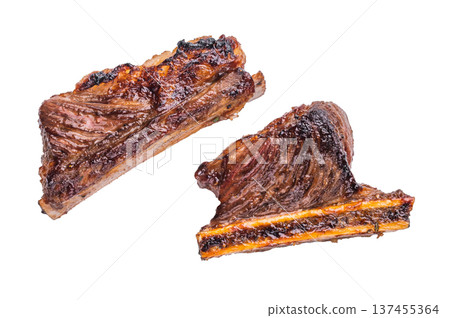 Isolated Beef Short Rib, Extreme close-up of a single, glazed beef rib on the bone, isolated on a clean white background. Isolated Beef Short Rib, Extreme close-up of a single, glazed beef rib on the bone, isolated on a clean white background. 137455364