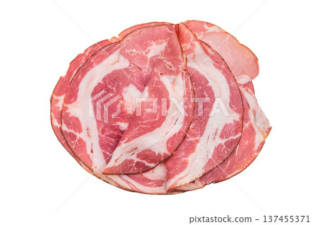 Thin sliced Italian coppa capicola pork with rich marbling on a clean white background ideal for gourmet charcuterie stock images. Thin sliced Italian coppa capicola pork with rich marbling on a clean white background ideal for gourmet charcuterie stock images. 137455371