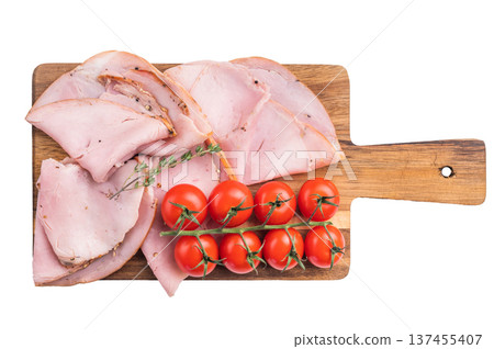 Cured pork slices Prosciutto with cherry tomatoes and thyme arranged on a wooden board over a clean white background ideal for commercial food use. 137455407