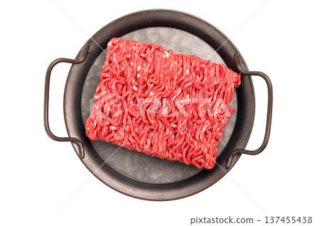 Fresh Raw pork and beef ground mince meat, mincemeat in a plate isolated on white background. 137455438