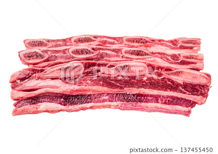 raw Flanken cut beef short rib (Kalbi/Galbi) on a clean white background. Perfect for grilling and marinade concepts. raw Flanken cut beef short rib (Kalbi/Galbi) on a clean white background. Perfect for grilling and marinade concepts. 137455450