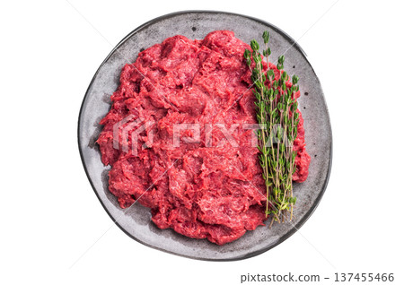 Uncooked venison mince with fresh herbs on a textured grey plate. Clean and simple composition for a healthy food concept. 137455466
