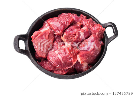 Freshly cut raw beef neck meat, waiting to be seasoned and cooked to perfection for your next culinary creation. isolated on white background. top view Freshly cut raw beef neck meat, waiting to be seasoned and cooked to perfection for your next culinary creation. isolated on white background. top view 137455789
