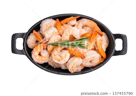 A black bowl filled with shrimp and herbs. The shrimp are cut into small pieces and are arranged in a way that they are not overlapping. The bowl isolated on a white background. 137455790