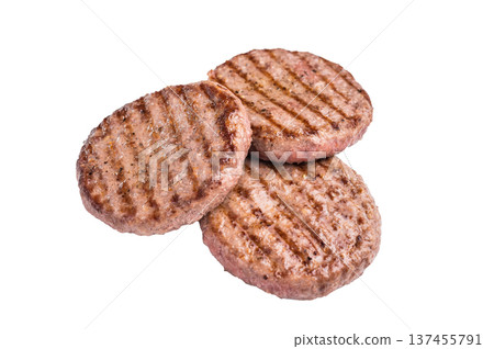 Close up of a flavorful grilled beef meat patty, ready to be topped with fresh ingredients for a delicious meal. isolated on white background. top view 137455791