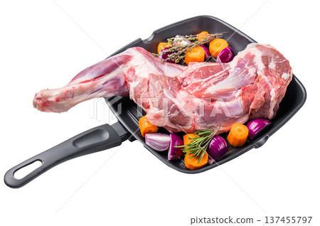 High quality raw lamb shoulder leg, an essential ingredient for hearty stews and savory dishes. isolated on white background. top view High quality raw lamb shoulder leg, an essential ingredient for hearty stews and savory dishes. isolated on white background. top view 137455797