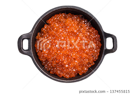 Fresh red caviar, bursting with flavor, perfect for spreading on toast or garnishing your favorite dishes. isolated on white background. top view Fresh red caviar, bursting with flavor, perfect for spreading on toast or garnishing your favorite dishes. isolated on white background. top view 137455815