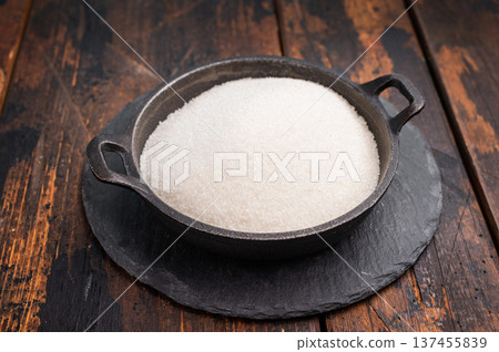 Bright and clean granulated sugar, an essential ingredient for delicious treats and drinks. wooden background. top view Bright and clean granulated sugar, an essential ingredient for delicious treats and drinks. wooden background. top view 137455839