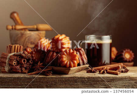 Cinnamon cakes and black coffee on an old wooden table. 137456054