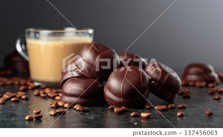 Chocolate dessert and cup of coffee with cream on a black table. 137456063
