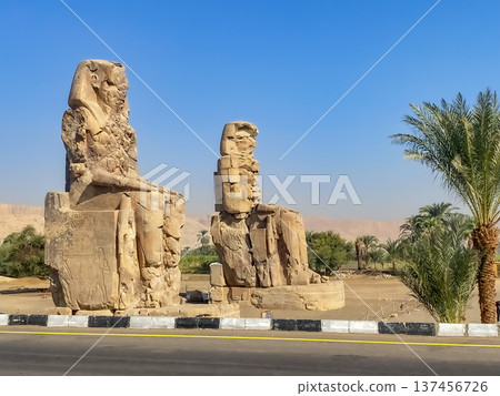 Colossi of Memnon, two massive stone statues representing the pharaoh, Luxor, Egypt Colossi of Memnon, two massive stone statues representing the pharaoh, Luxor, Egypt 137456726