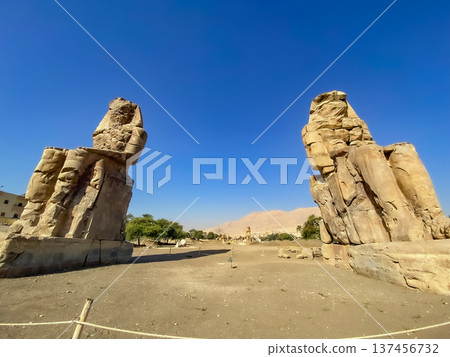 Colossi of Memnon, two massive stone statues representing the pharaoh, Luxor, Egypt Colossi of Memnon, two massive stone statues representing the pharaoh, Luxor, Egypt 137456732