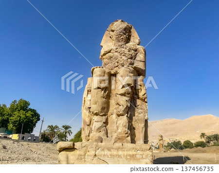 Colossi of Memnon, two massive stone statues representing the pharaoh, Luxor, Egypt Colossi of Memnon, two massive stone statues representing the pharaoh, Luxor, Egypt 137456735