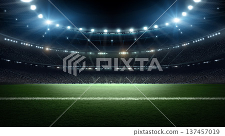 Soccer stadium at night with cheerful atmosphere Soccer stadium at night with cheerful atmosphere 137457019