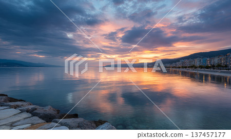 Calm close-up of calm sea water waves with palm trees. Beautiful panorama, tropical island beach landscape exotic shore coast. Summer vacation, holiday amazing nature. Sea background 137457177