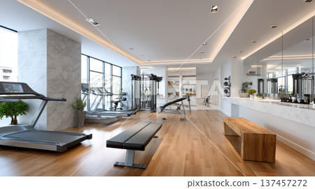 Equipment and exercise machines in the fitness center modern gym for sports, fitness and yoga. Healthy lifestyle, life on sports, maintaining a figure in a slim body 137457272