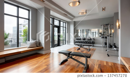 Equipment and exercise machines in the fitness center modern gym for sports, fitness and yoga. Healthy lifestyle, life on sports, maintaining a figure in a slim body 137457278