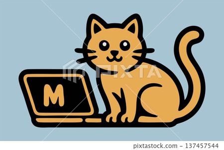 Cartoon Cat Illustration with Laptop in Minimalist Flat Style 137457544