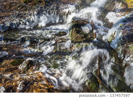 Close-up of icy cascades and steam over a non-freezing spring 137457597