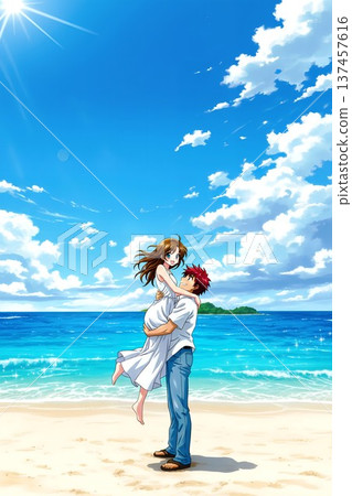 【在私人海灘上】一對新婚夫婦擁抱的插圖 【在私人海灘上】一對新婚夫婦擁抱的插圖 137457616