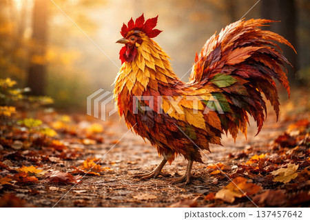 Autumn rooster of colorful leaves in a forest trail. Autumn rooster of colorful leaves in a forest trail. 137457642