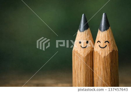 Two smiling wooden pencils on a green background. Space for text. Two smiling wooden pencils on a green background. Space for text. 137457643