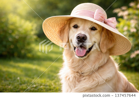 Golden retriever in straw hat smiling in garden. Space for text. Golden retriever in straw hat smiling in garden. Space for text. 137457644
