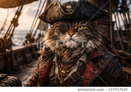 A pirate cat with an eye patch on the deck of a ship. 137457645
