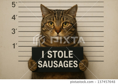 A cat with a sign I stole sausages. 137457648