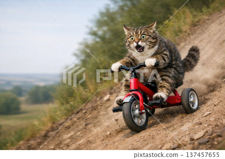A cat on a tricycle, racing down a slope. Space for text. 137457655
