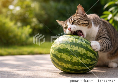 A funny cat is trying to bite a big ripe watermelon. Space for text. 137457657
