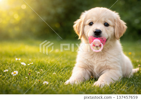 Cute puppy with baby pacifier lying on green grass. Space for text. 137457659